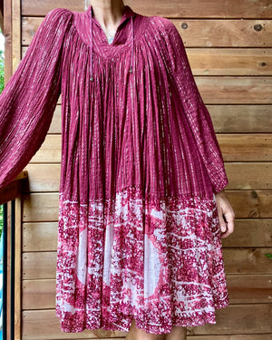 Vintage 1970s PARADIS Indian Cotton Gauze Cherry Red Batik and Lurex Dress