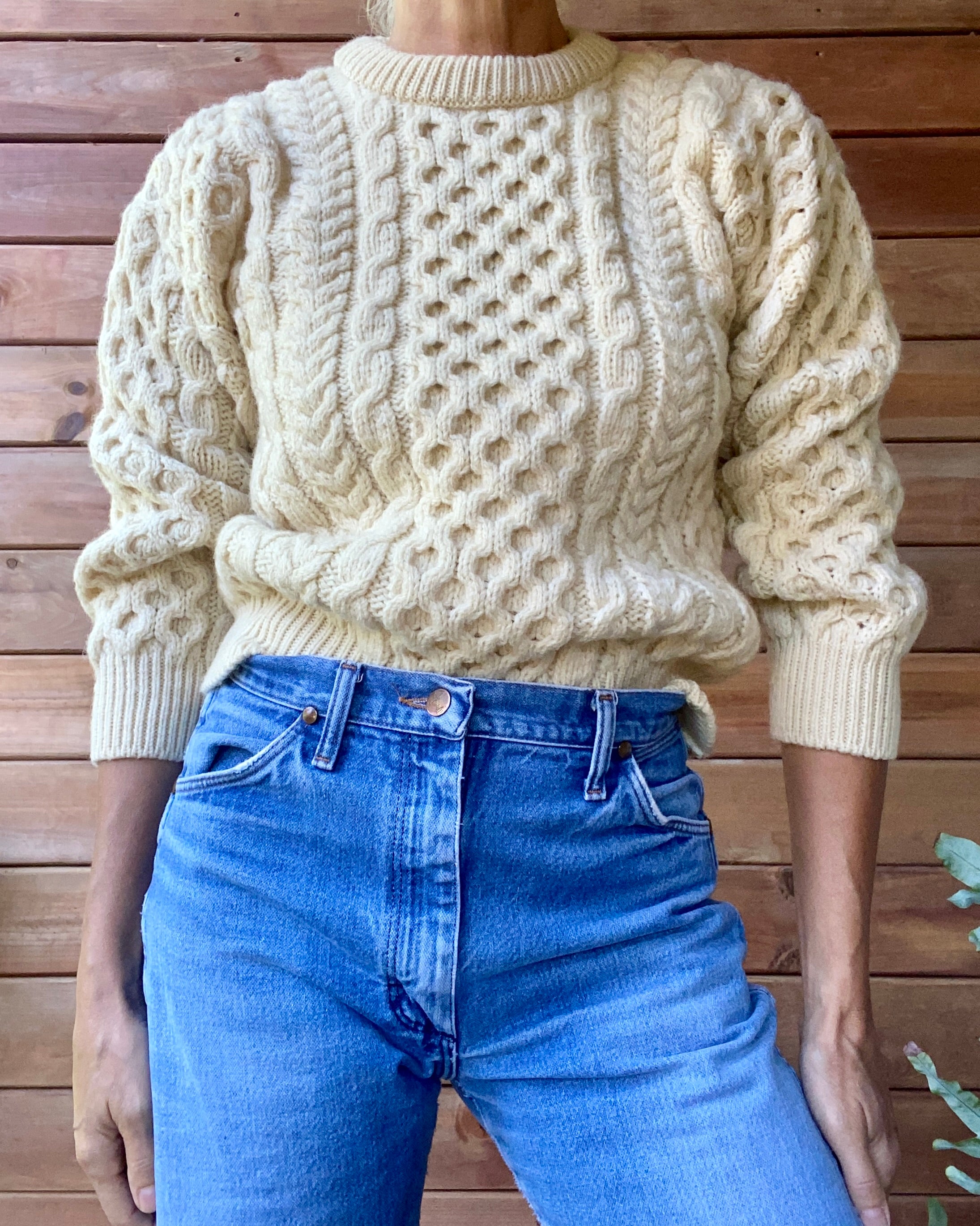 Vintage Handknit Honeycomb Cable Fisherman Sweater XS S