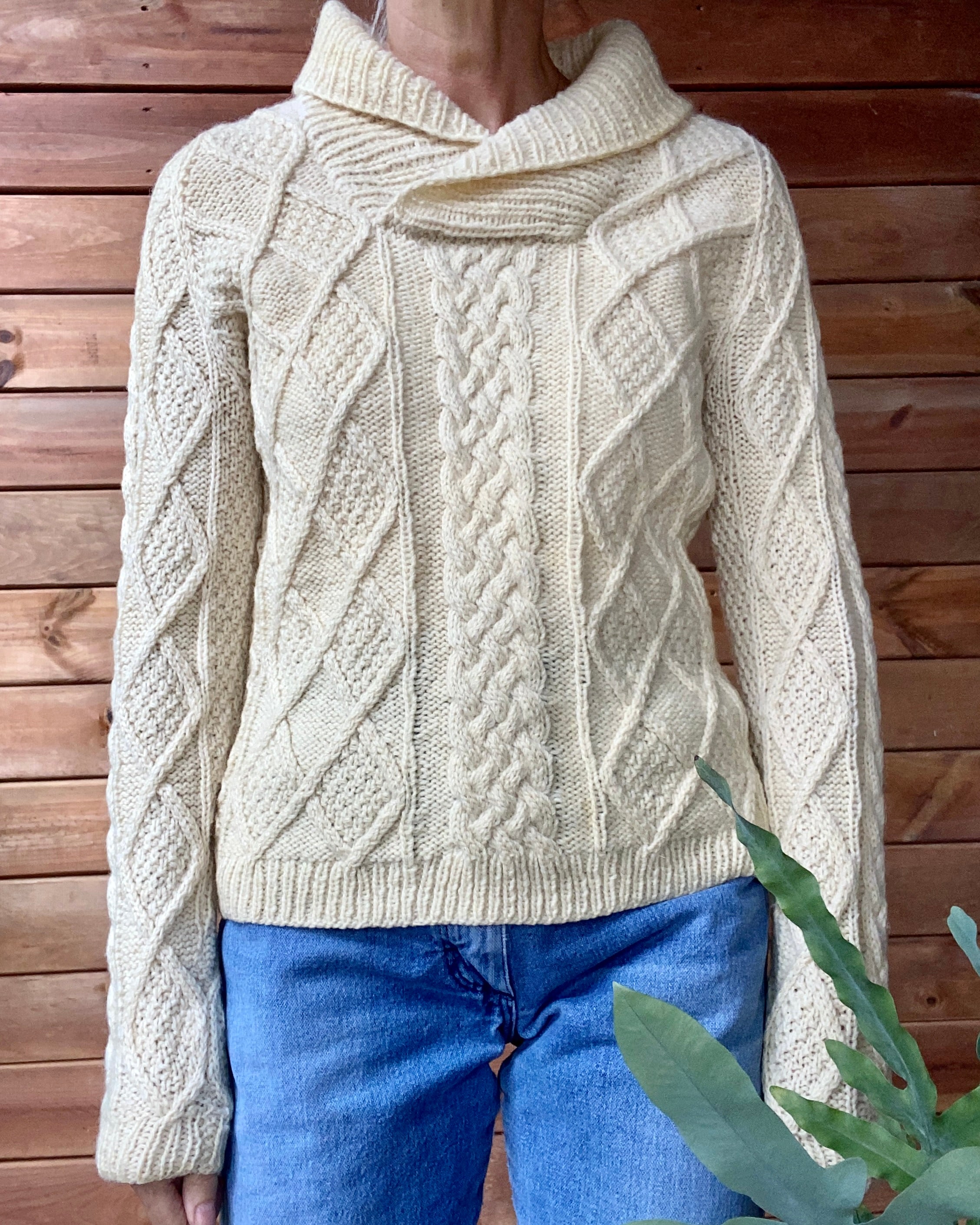 Vintage Handknit Cream Irish Fisherman Cable Sweater with Shawl Collar S M