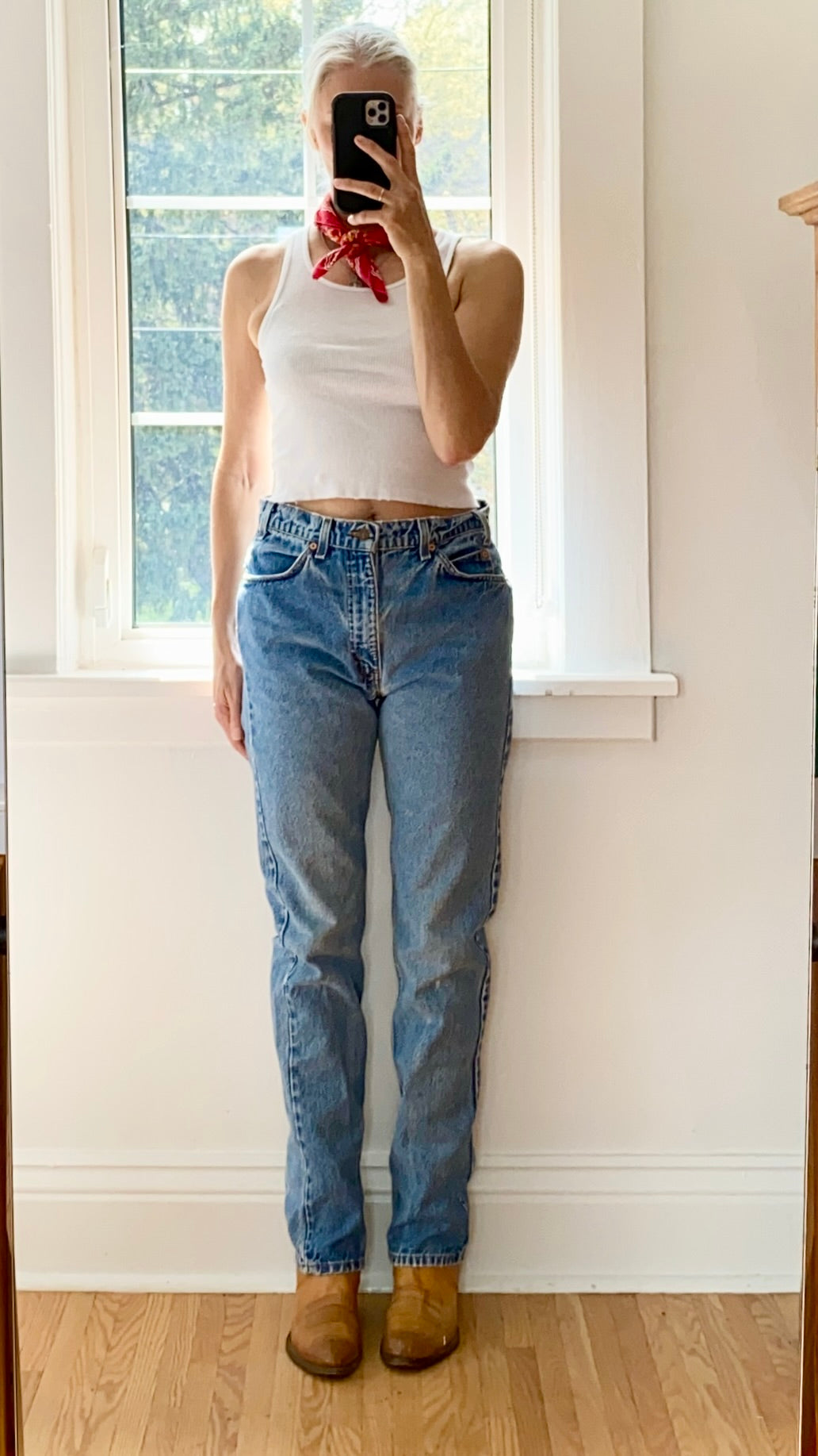 Vintage 1990s Orange Tab Levis Medium Wash Denim Jeans made in USA Size 31 or 32