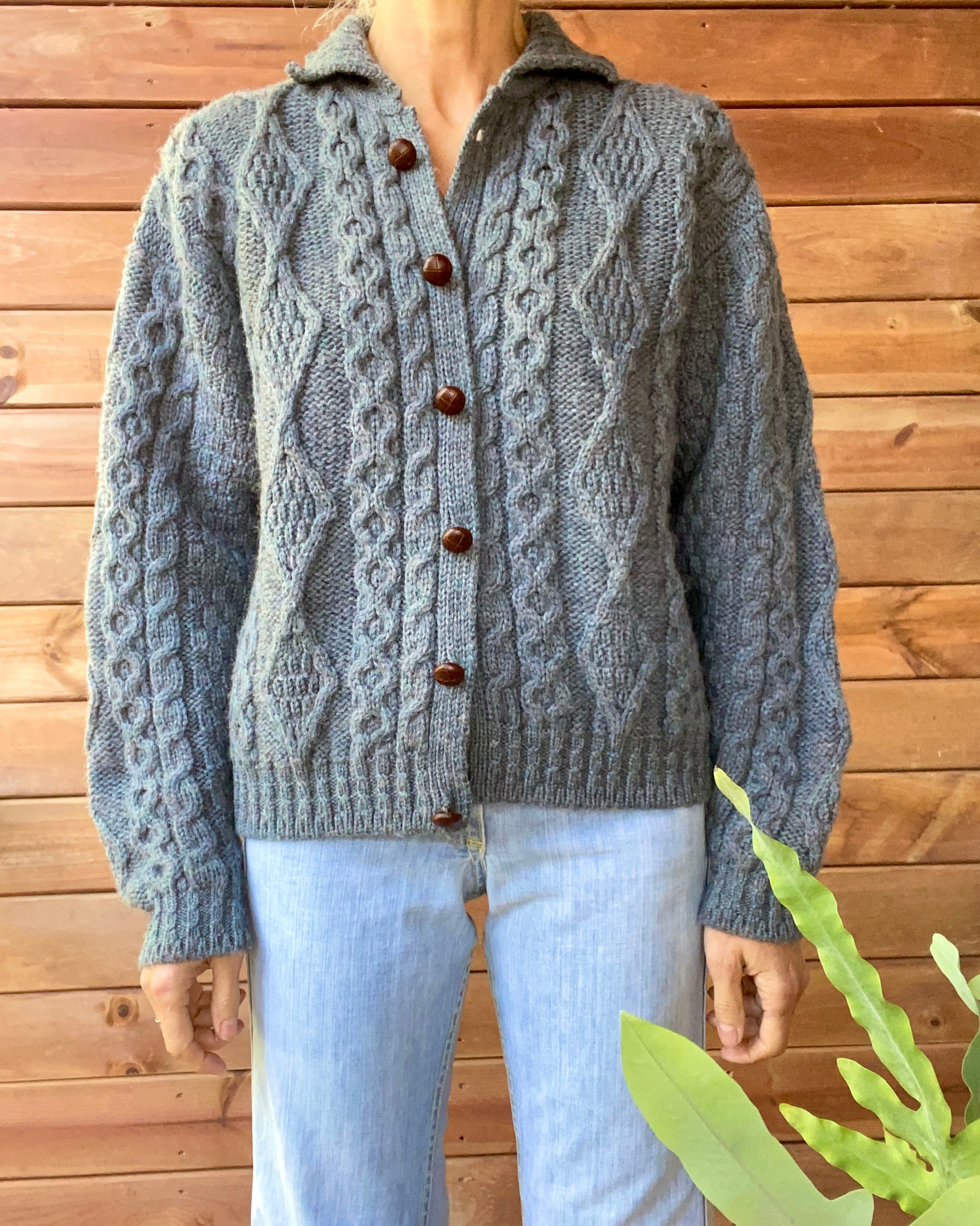 VINTAGE LLBEAN Blue Fisherman Cable Wool Cardigan Made in Ireland M L