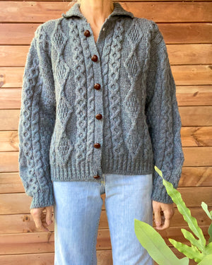 VINTAGE LLBEAN Blue Fisherman Cable Wool Cardigan Made in Ireland M L
