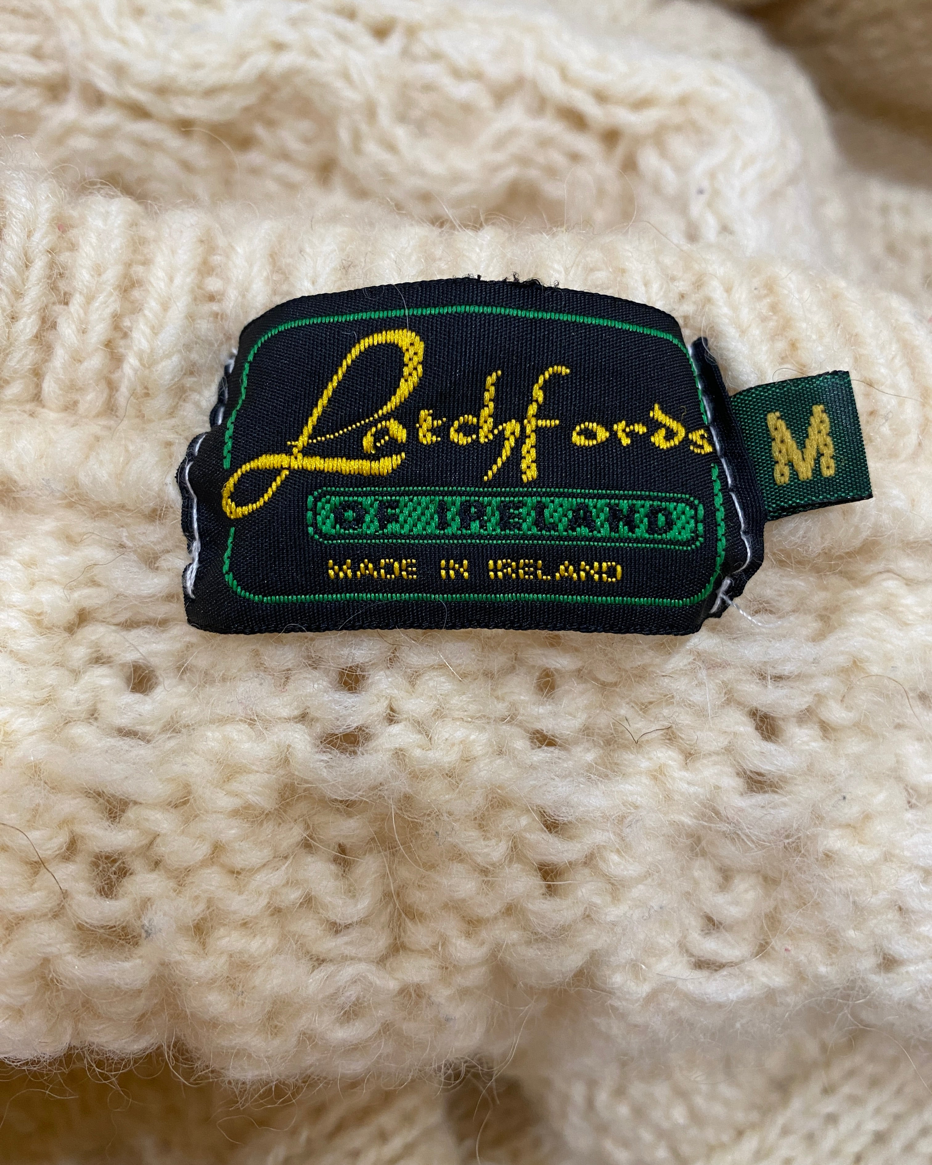 Vintage Handknit Cream Cable Fisherman Sweater Cardigan M