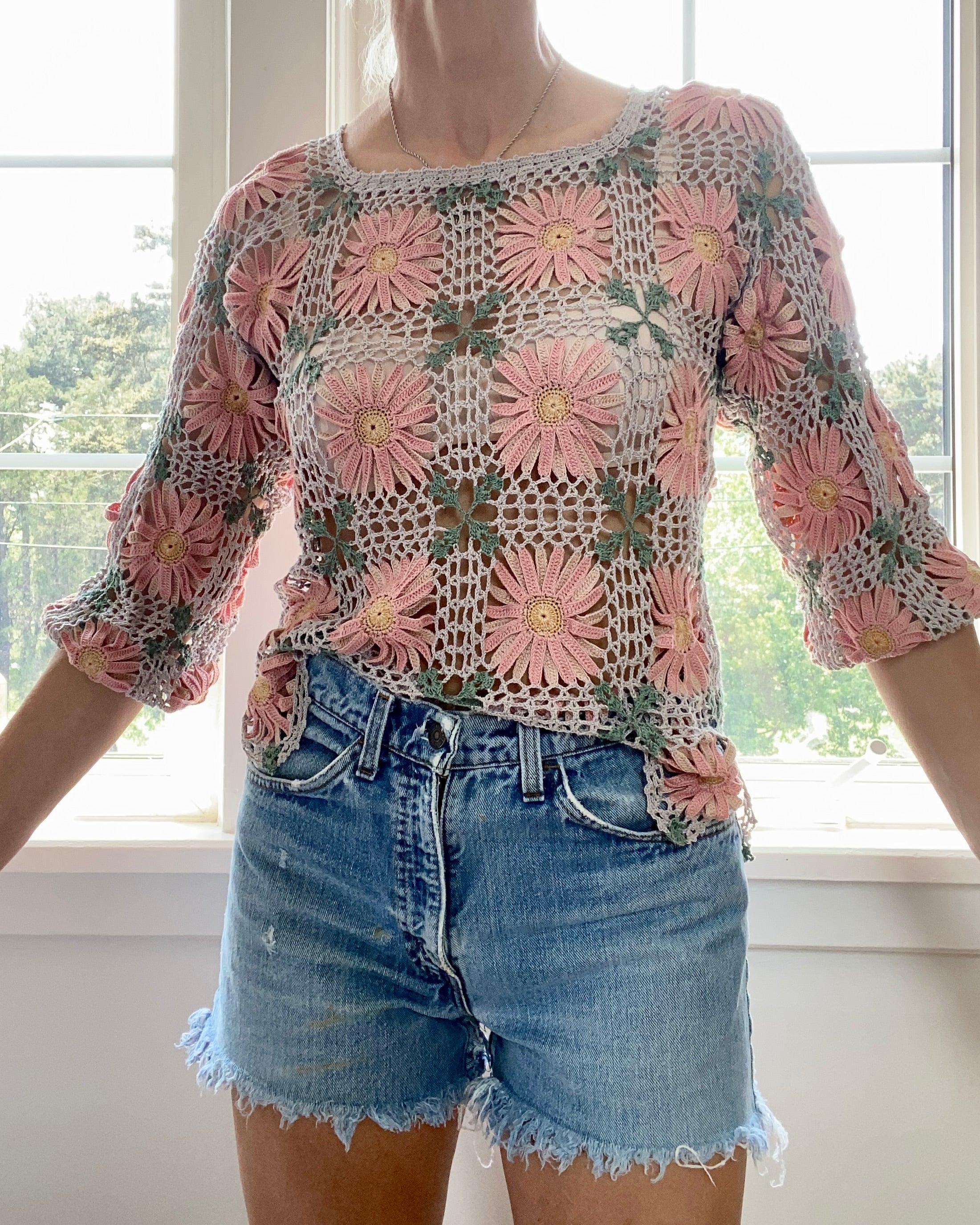 VINTAGE Pima Cotton Crochet Floral Patchwork Top