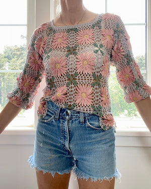 VINTAGE Pima Cotton Crochet Floral Patchwork Top