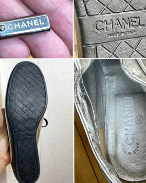 Vintage 2000s Chanel Silver and Black Leather Lace Up Shoes Fashion Sneakers with Cap Toe Size 40
