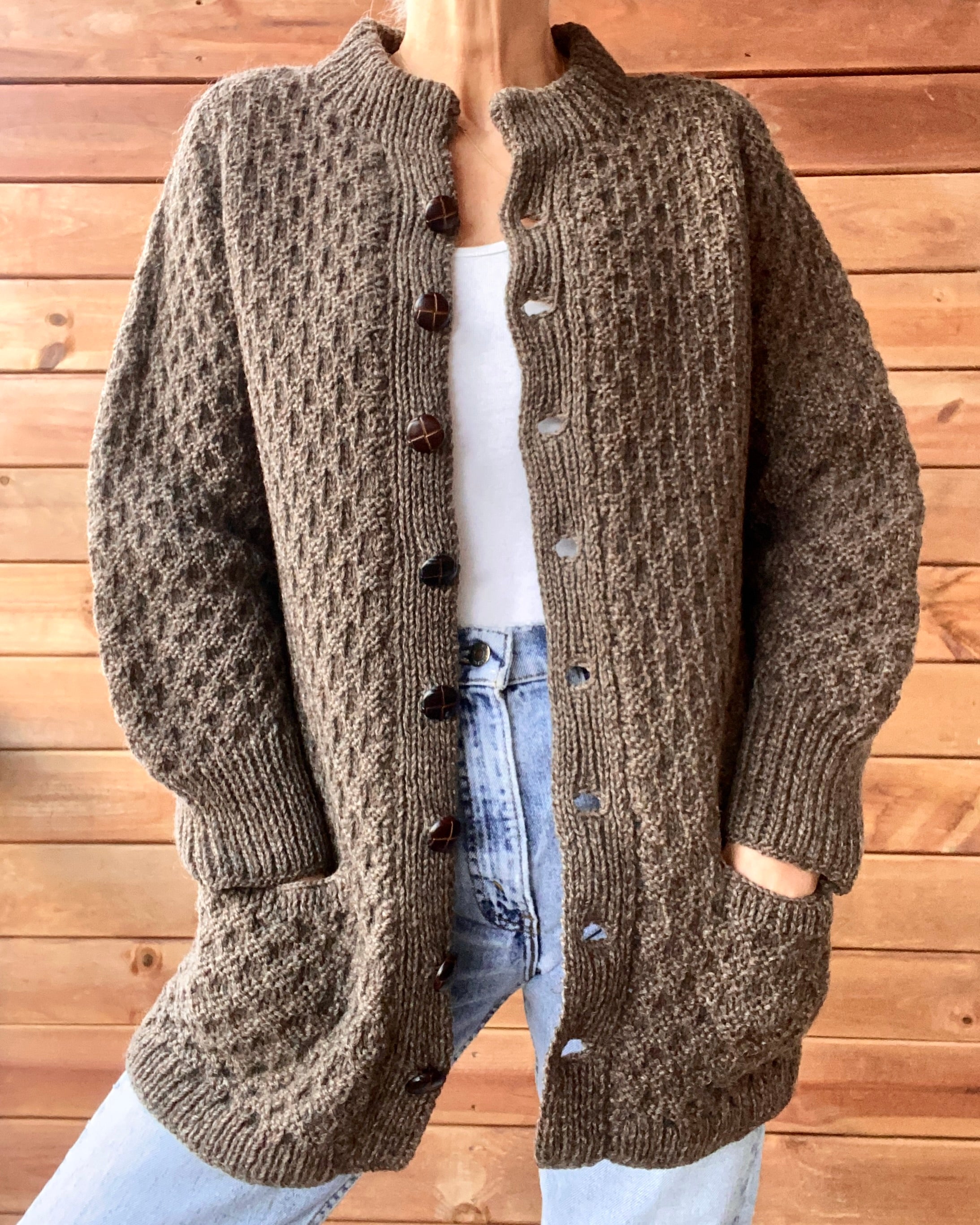 Vintage Hand knit Brown Honeycomb Fisherman Mock Neck Sweater Cardigan Jacket M L
