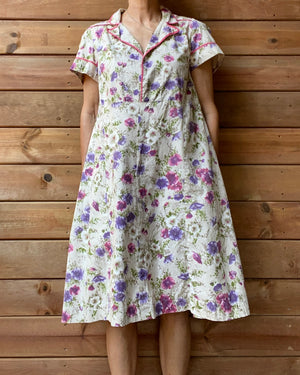 Vintage 1940s Cotton Floral House Dress L
