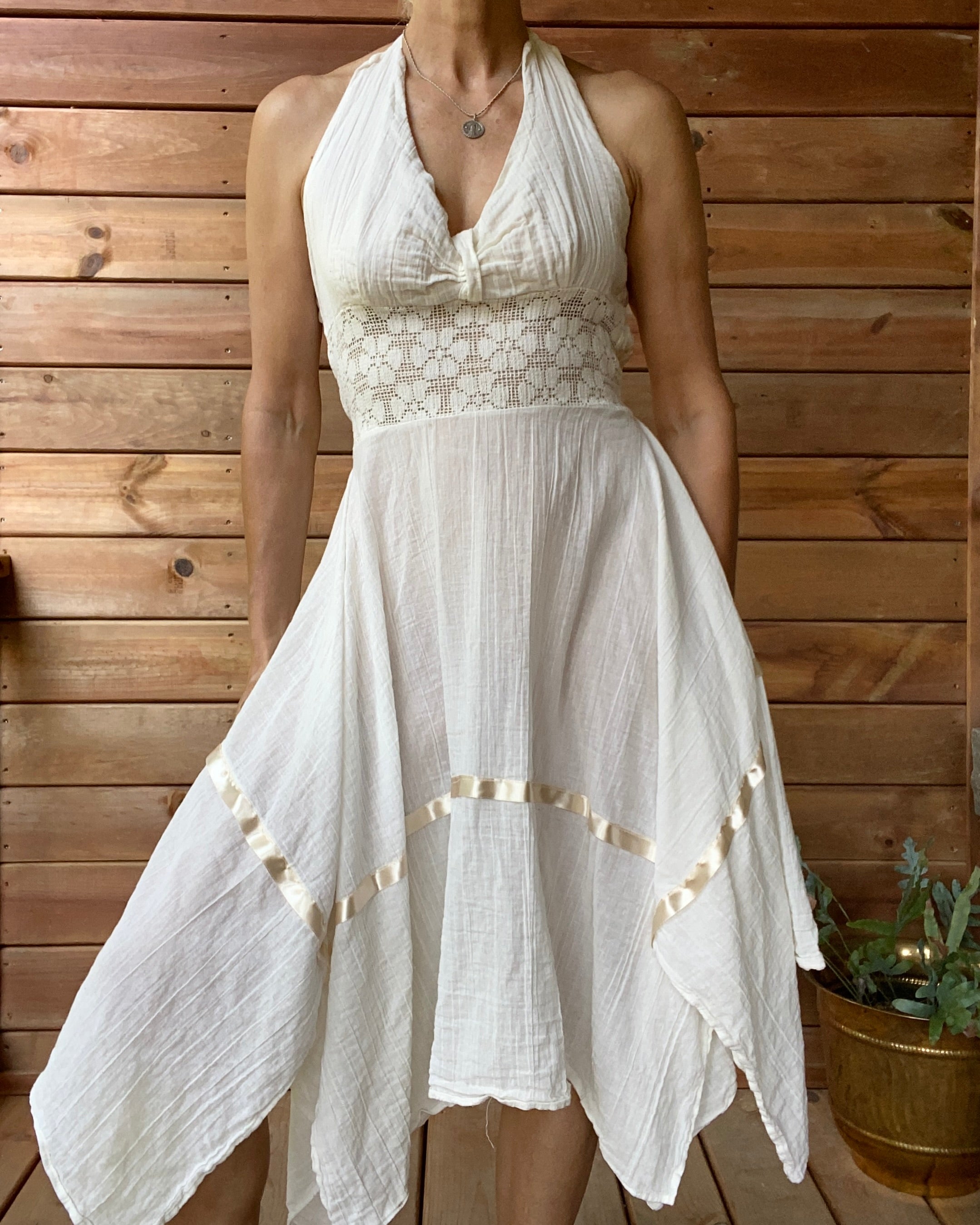 Vintage Mexican Cream Cotton Gauze With Crochet and Ribbon Handkerchief Halter Dress L