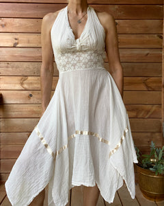 Vintage Mexican Cream Cotton Gauze With Crochet and Ribbon Handkerchief Halter Dress L