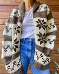 Vintage Hand Knit Cowichan Snowflake Pattern in Brown and Cream Cardigan Jacket M L Made in Cowichan BC Canada