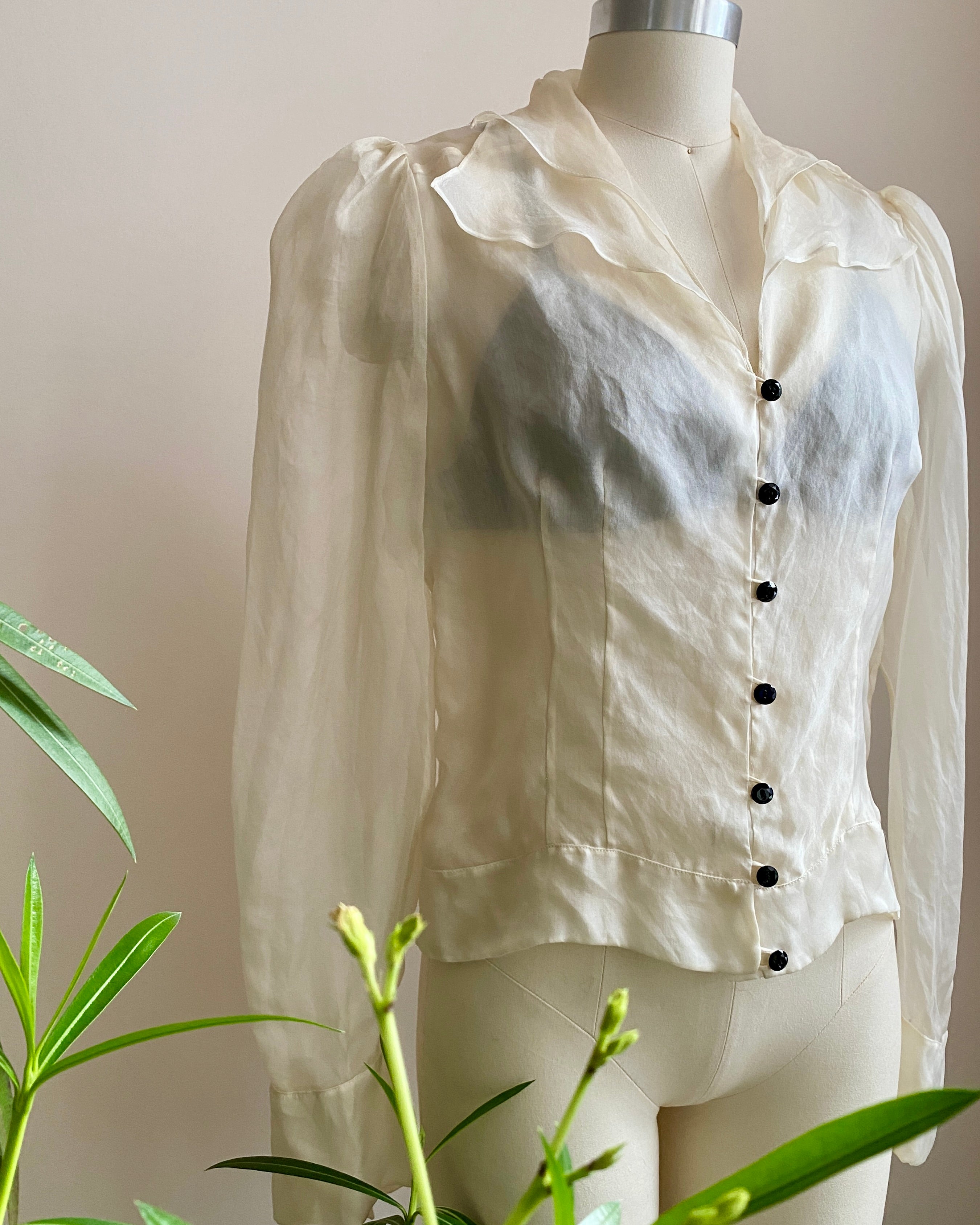 Vintage 1990s MISS TORRENTE Sheer Ivory 100% Silk Organza Blouse With gathered Sleeves 40 M