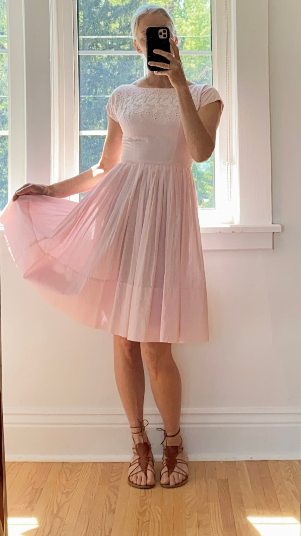 Vintage 1950s Pink Cotton and Lace and Eyelet Pleated Dress M
