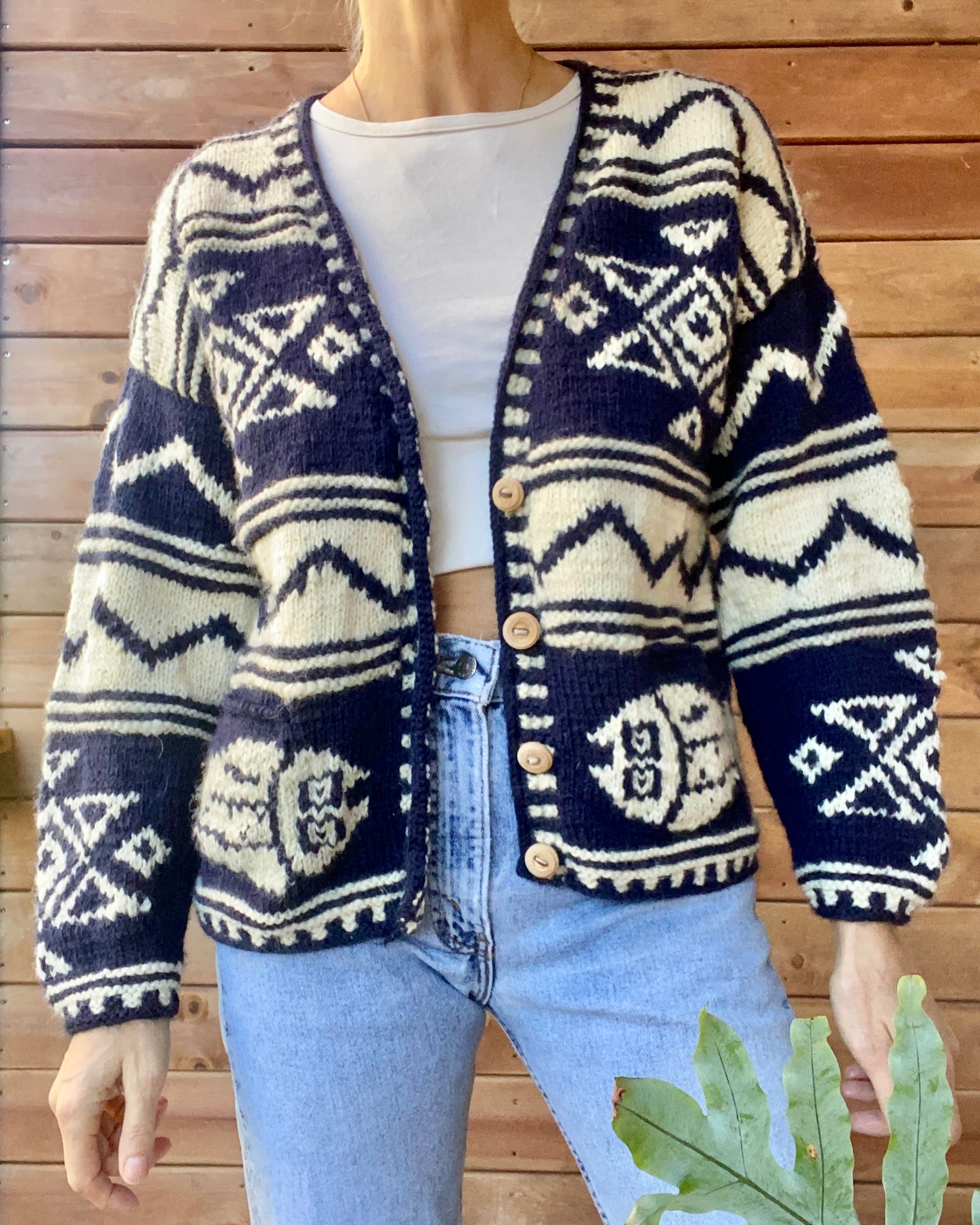 Vintage Hand Knit Navy and Cream Nautical Patterned Wool Cardigan
