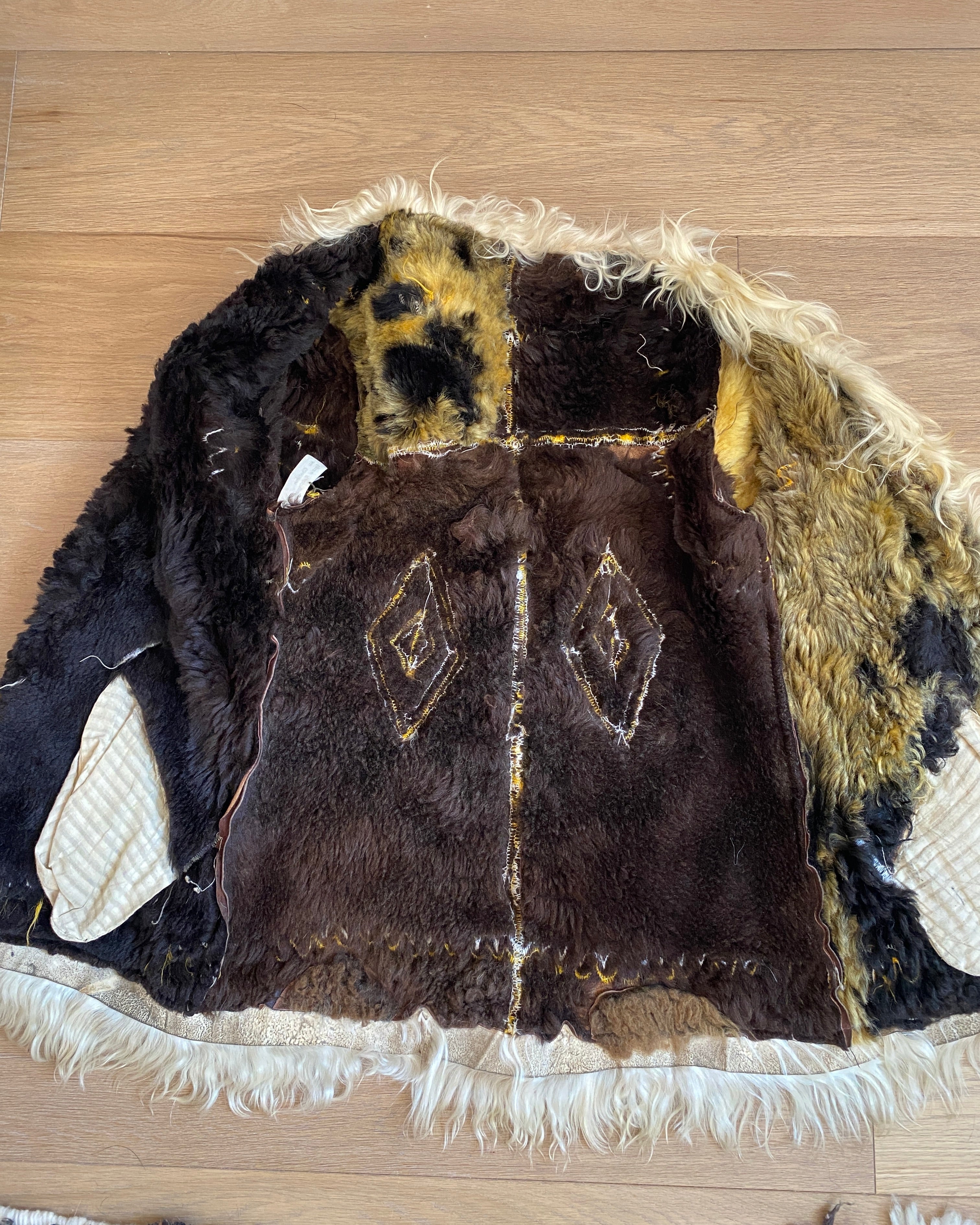 Vintage 1960s Afghan Shearling Suede Brown Penny Lane Coat Jacket with Silk Embroidery XS Janis Joplin Jimmy Hendrix Style