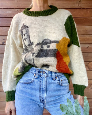 Vintage 1990s LANA CORSA Wool Scenic Country Village Landscape Folk Sweater Made in France M