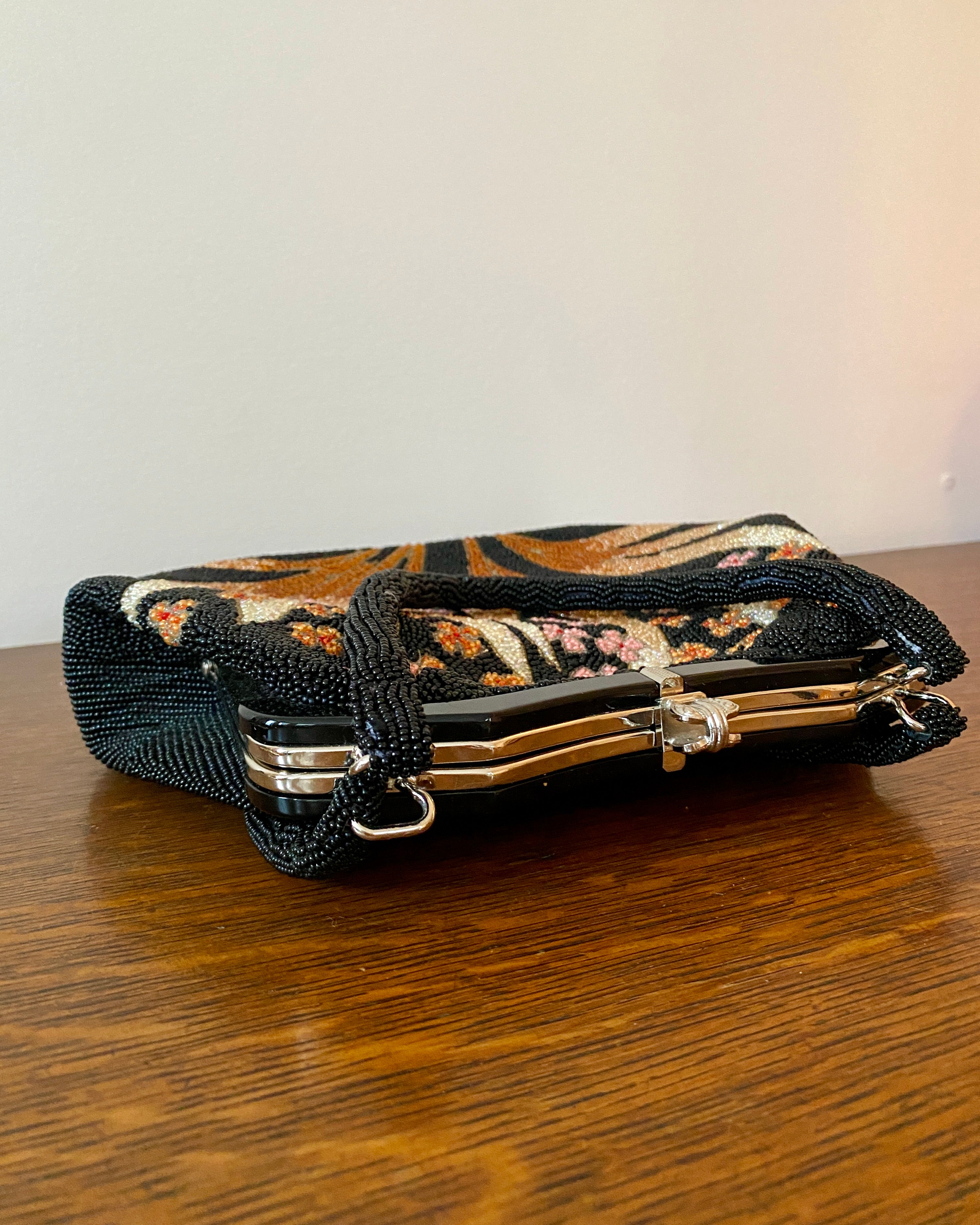 Vintage 1950s Fine Hand Beaded Black Handbag with Flower and Leaf Pattern Mint Condition