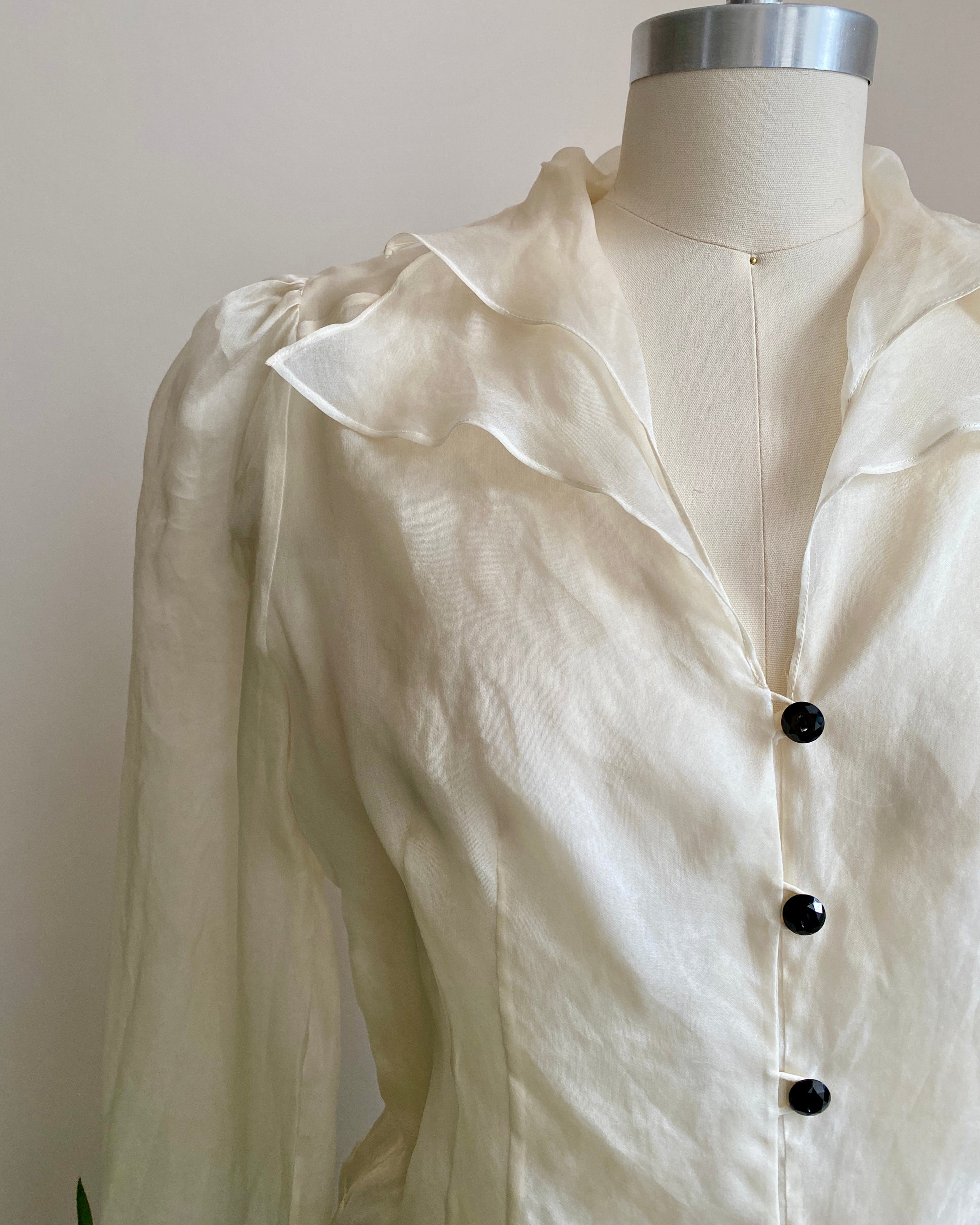 Vintage 1990s MISS TORRENTE Sheer Ivory 100% Silk Organza Blouse With gathered Sleeves 40 M