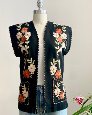 Vintage 1940s Mexican Black Wool With Floral Silk Embroidery XS S