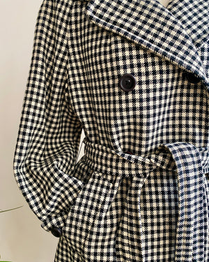 Vintage 1960s MAC CALLUM Black & Ivory Wool Scottish Tweed Check Double Breasted Coat With Belt S or M