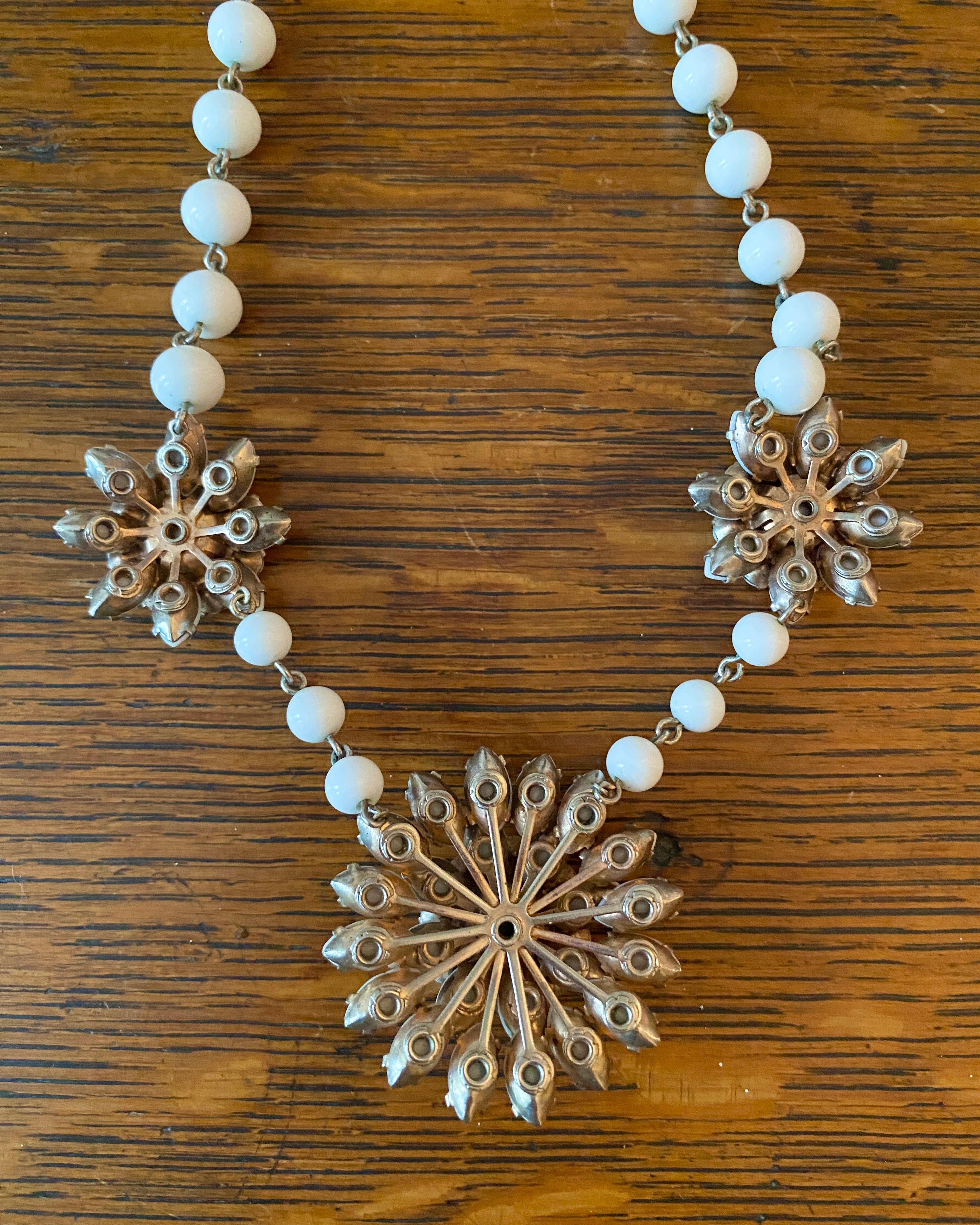 Vintage 1950s 1960s Milk Glass Flower Pendants Set in Metal Hardware with Chain Beads