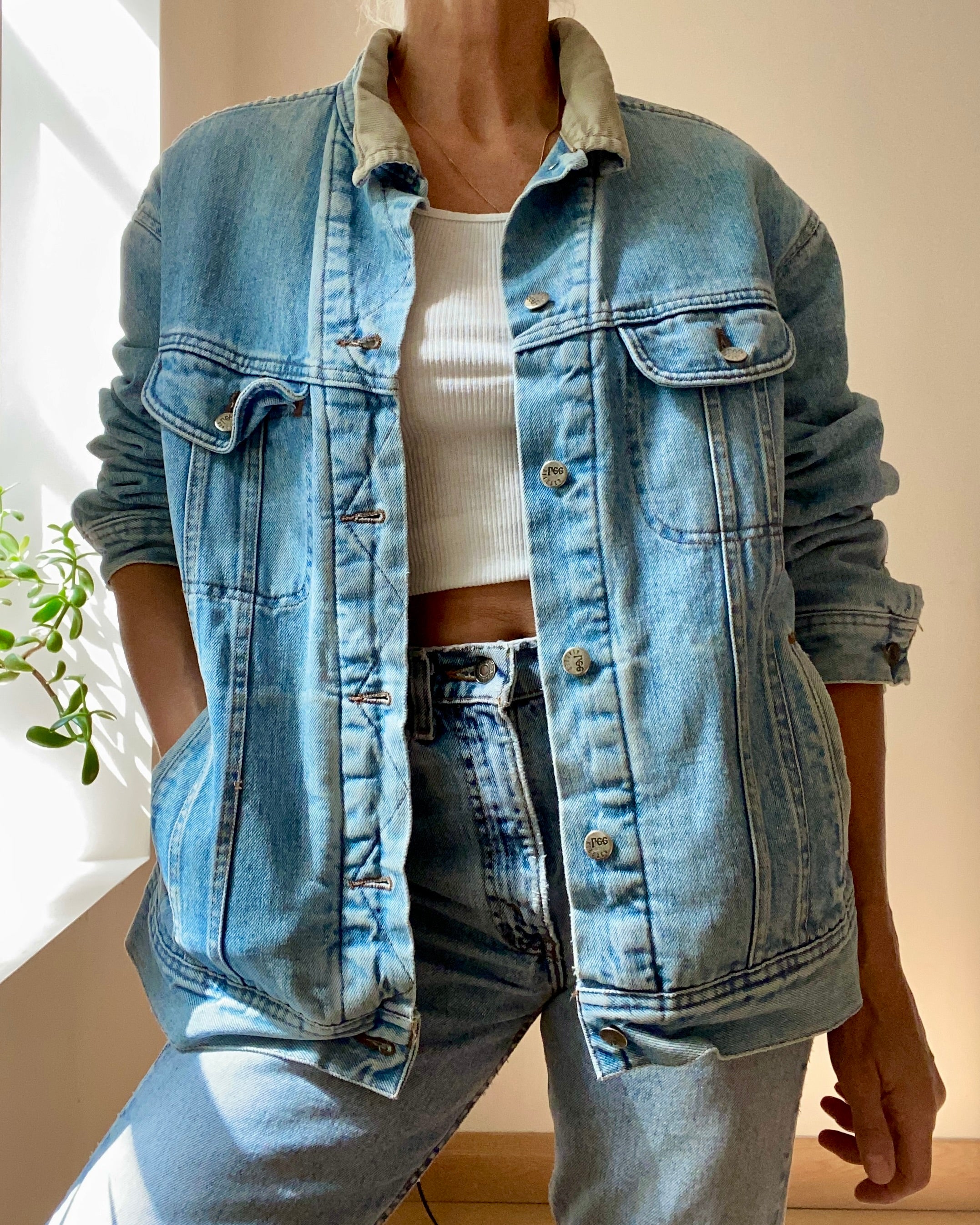 Vintage Lee Riveted Blanket Lined Jean Jacket Light Wash L XL