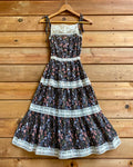 VINTAGE 1970s Prairie Black Floral Voile Tiered Lace Sundress Gunne Sax Style XS