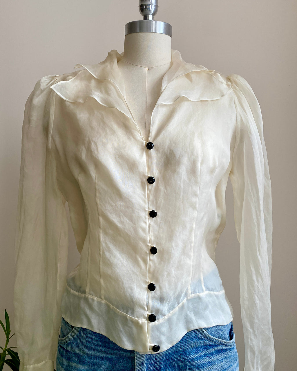 Vintage 1990s MISS TORRENTE Sheer Ivory 100% Silk Organza Blouse With gathered Sleeves 40 M