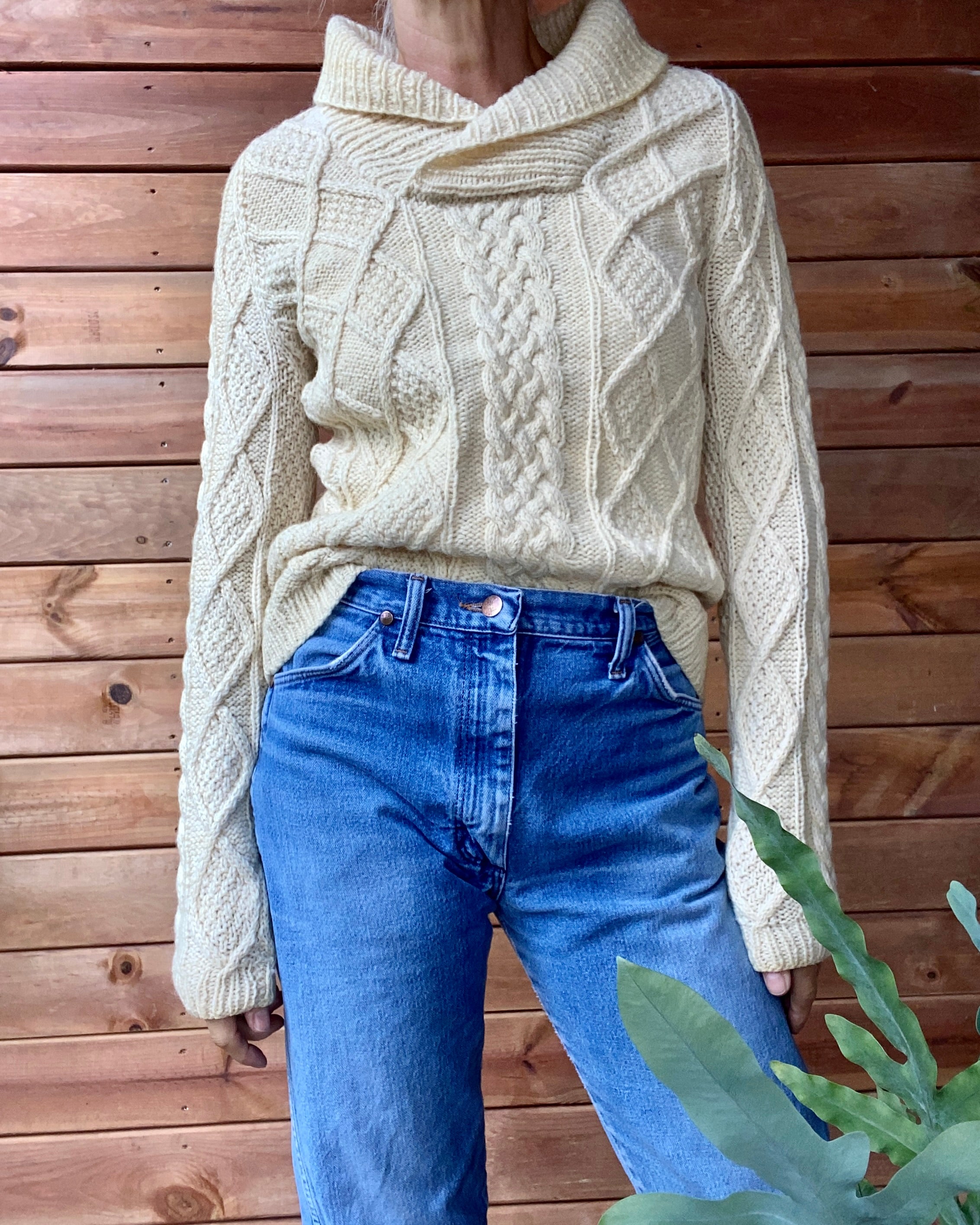 Vintage Handknit Cream Irish Fisherman Cable Sweater with Shawl Collar S M