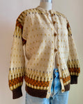 VINTAGE 1950s 1960s Hand Knit  Fair Isle Wool Tan and Brown Cardigan S or M