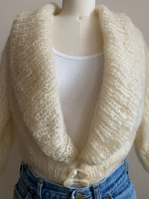 Vintage 1950s Handknit 100% Cream Mohair Shawl Collar Cardigan With Organza Lining M