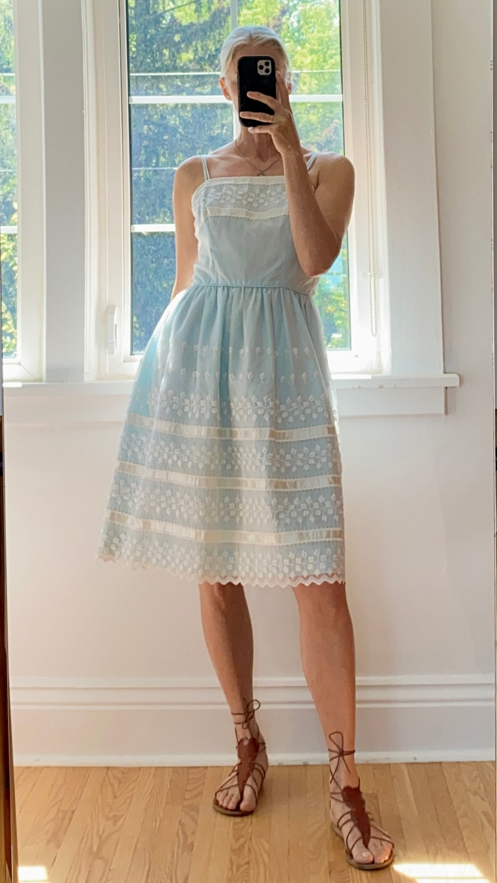 VINTAGE 1960s Baby Blue Lace and Eyelet Summer Fit and Flare Spaghetti Strap Dress M