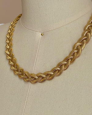 Vintage 1980s Gold Tone Snake Herringbone Chain Braided Necklace