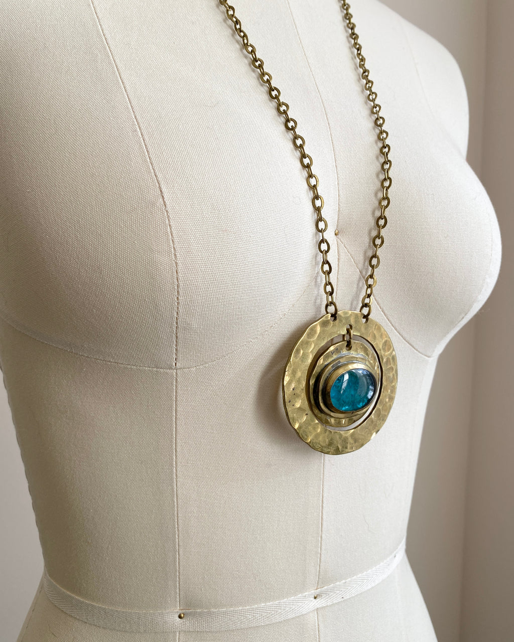 Vintage 1970s Rafael Alfandry Modernist Brass Pendant Necklace with Light Blue Cabochon and Link Chain made in Canada