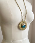 Vintage 1970s Rafael Alfandry Modernist Brass Pendant Necklace with Light Blue Cabochon and Link Chain made in Canada