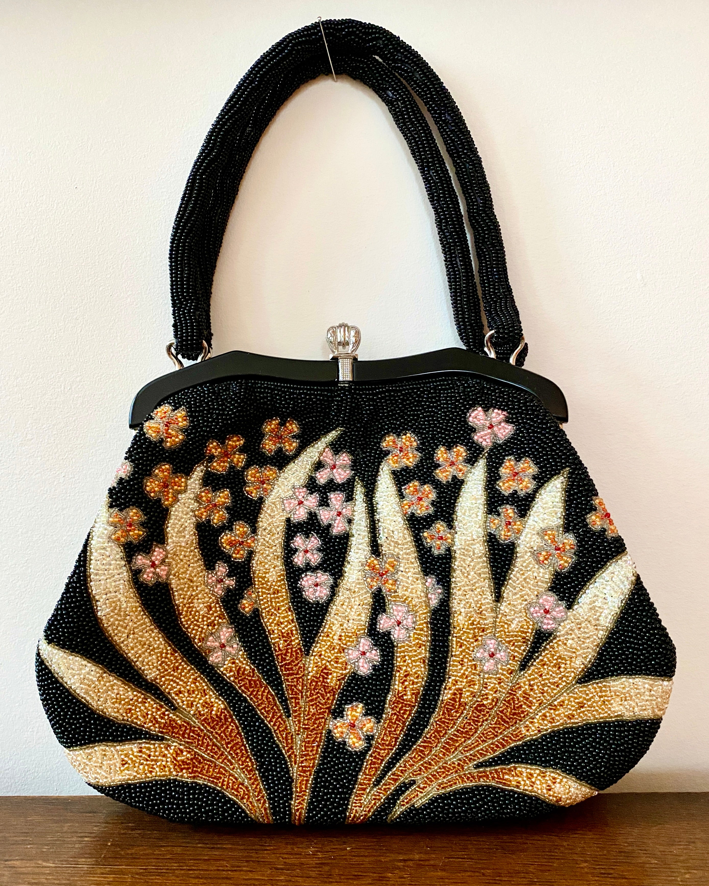 Vintage 1950s Fine Hand Beaded Black Handbag with Flower and Leaf Pattern Mint Condition