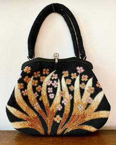 Vintage 1950s Fine Hand Beaded Black Handbag with Flower and Leaf Pattern Mint Condition
