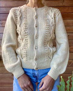 Vintage Handknit Cream Pointelle Cable Sweater Cardigan M