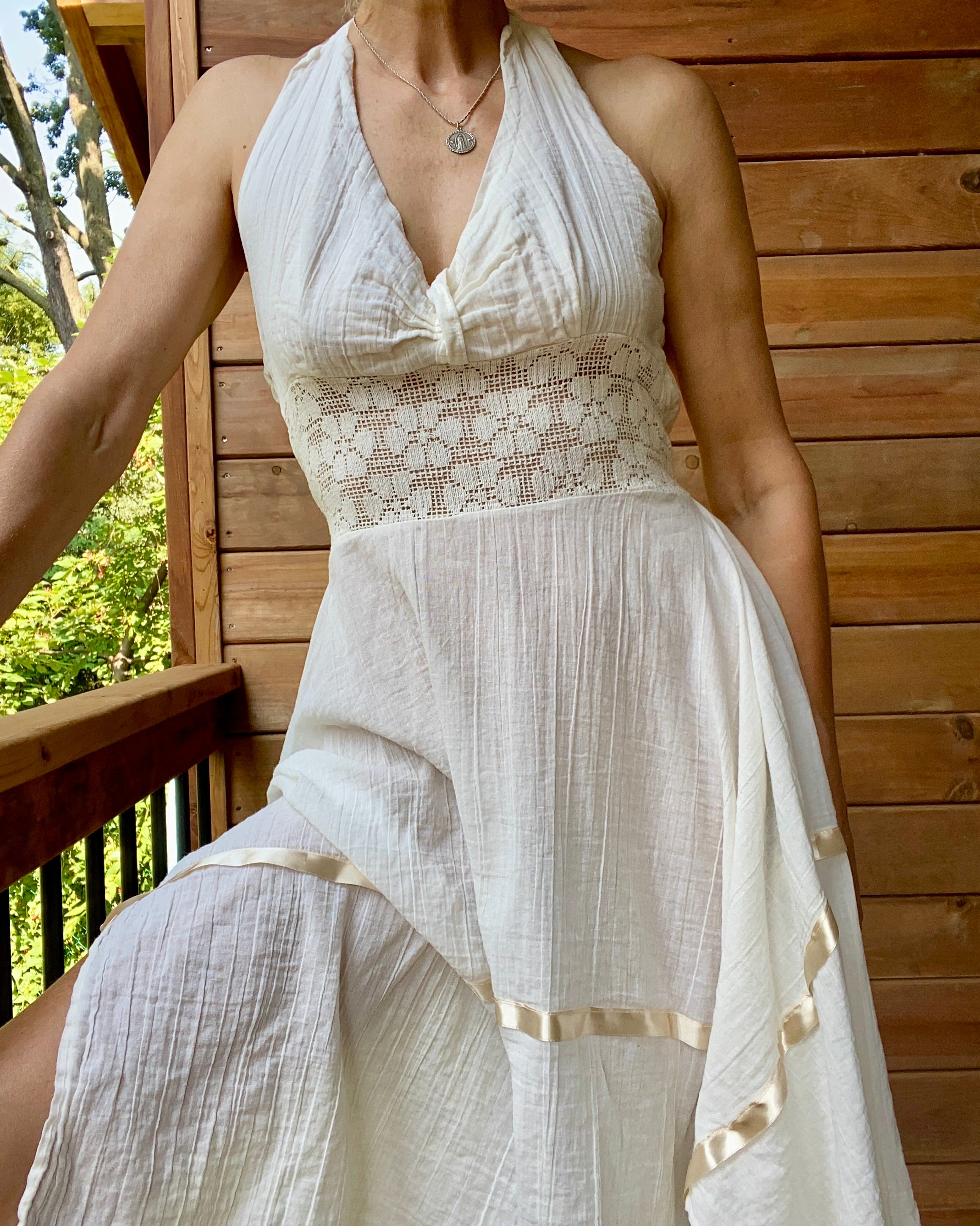 Vintage Mexican Cream Cotton Gauze With Crochet and Ribbon Handkerchief Halter Dress L