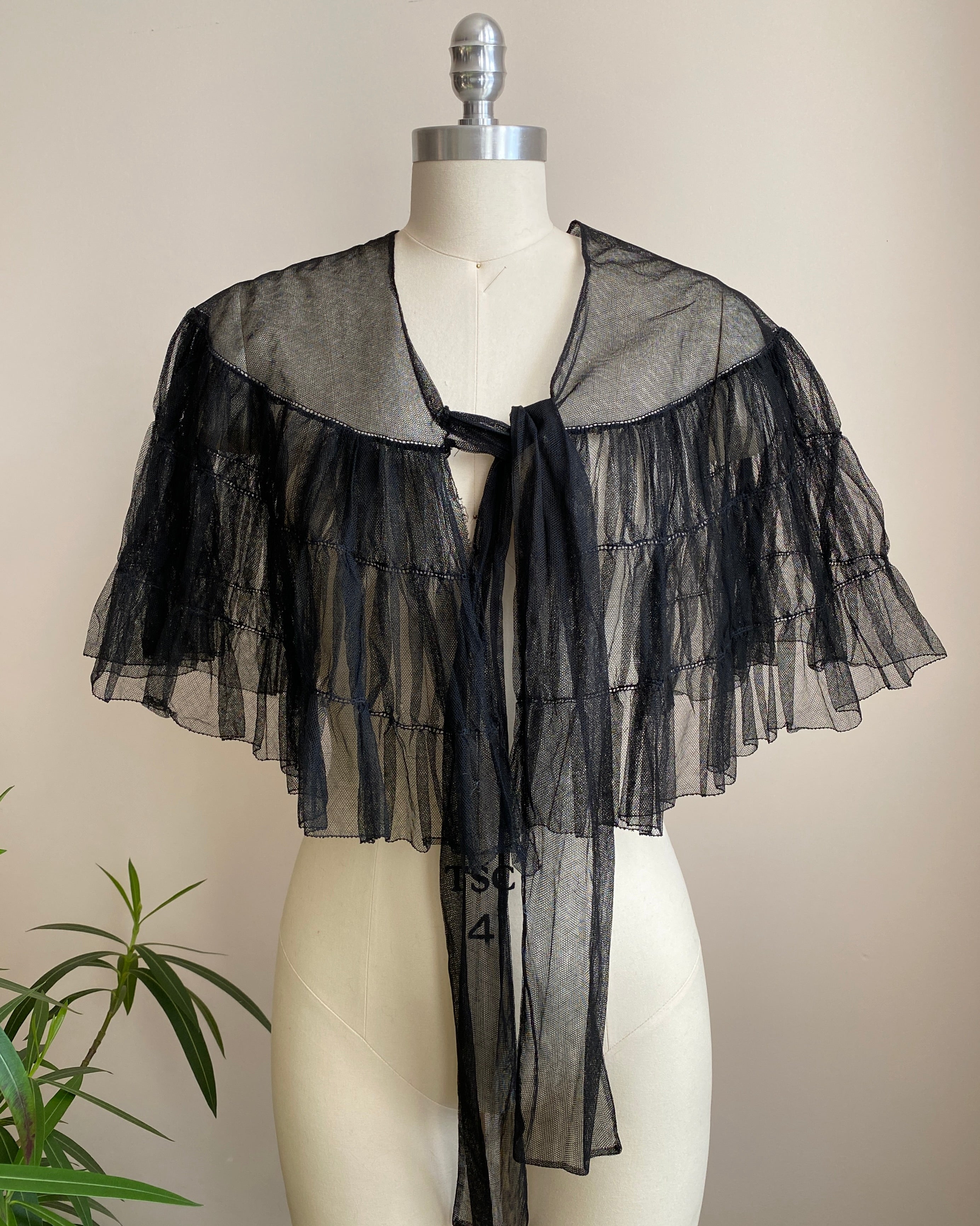 Antique Mid 1800 Victorian Black Tiered Tulle Mourning Capelet