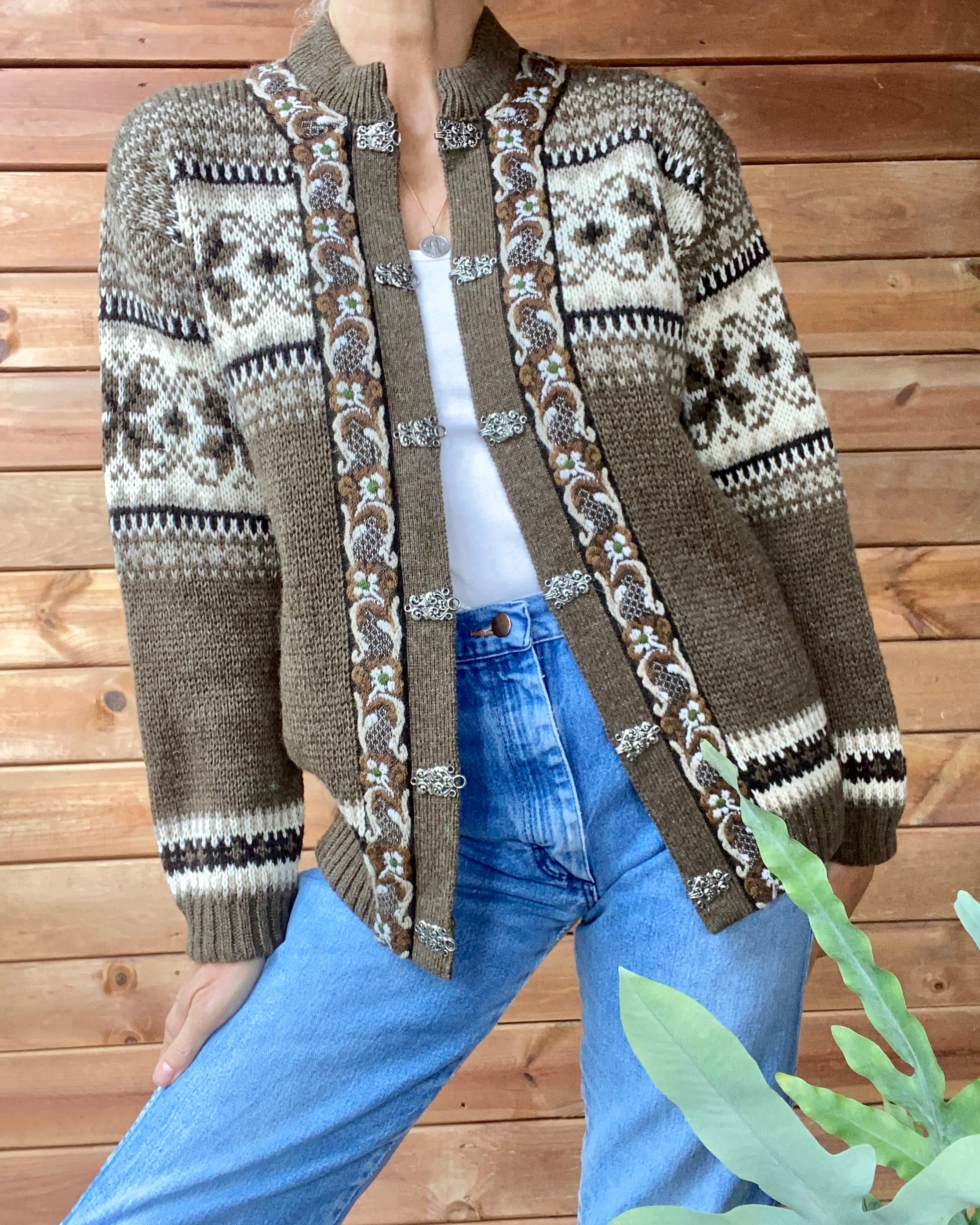 Vintage FJORD FASHION Ski Setesdal Fair Isle Norwegian Brown Sweater Cardigan M