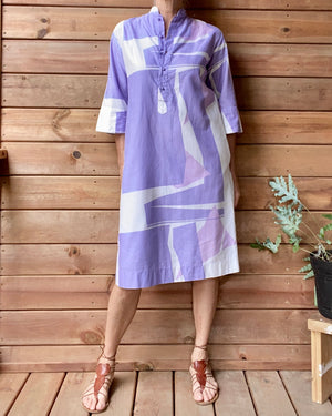 Vintage Catherine Ogust for Penthouse Gallery "Forever Dress" Abstract Geometric Pastels Purple Cotton Dress Tunic Caftan M L