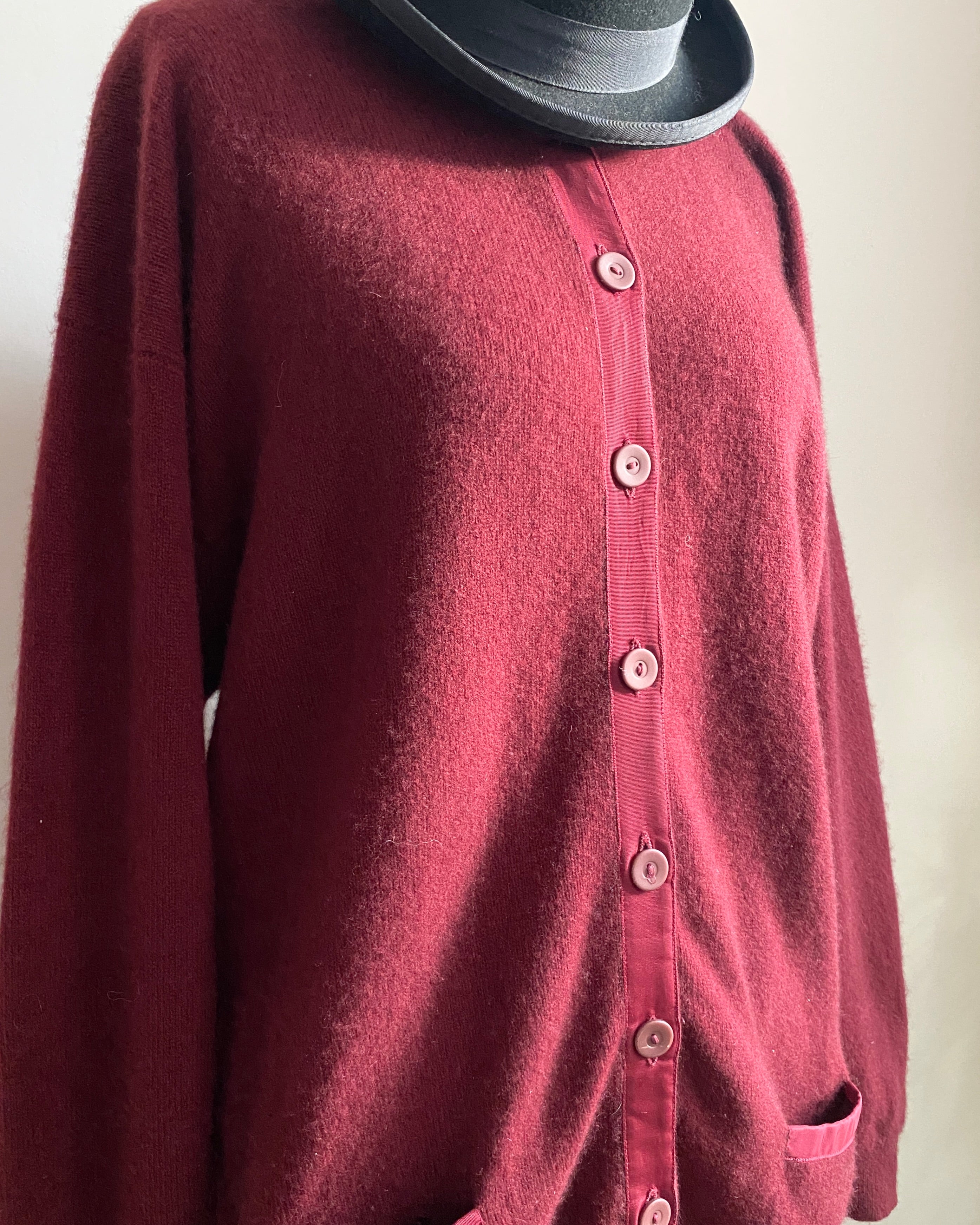 Vintage Burgundy 2ply Double ply 100% Cashmere Cardigan with Pockets and Grosgrain Detail L