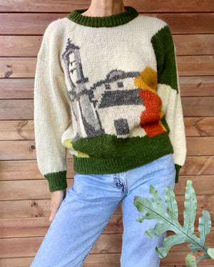 Vintage 1990s LANA CORSA Wool Scenic Country Village Landscape Folk Sweater Made in France M