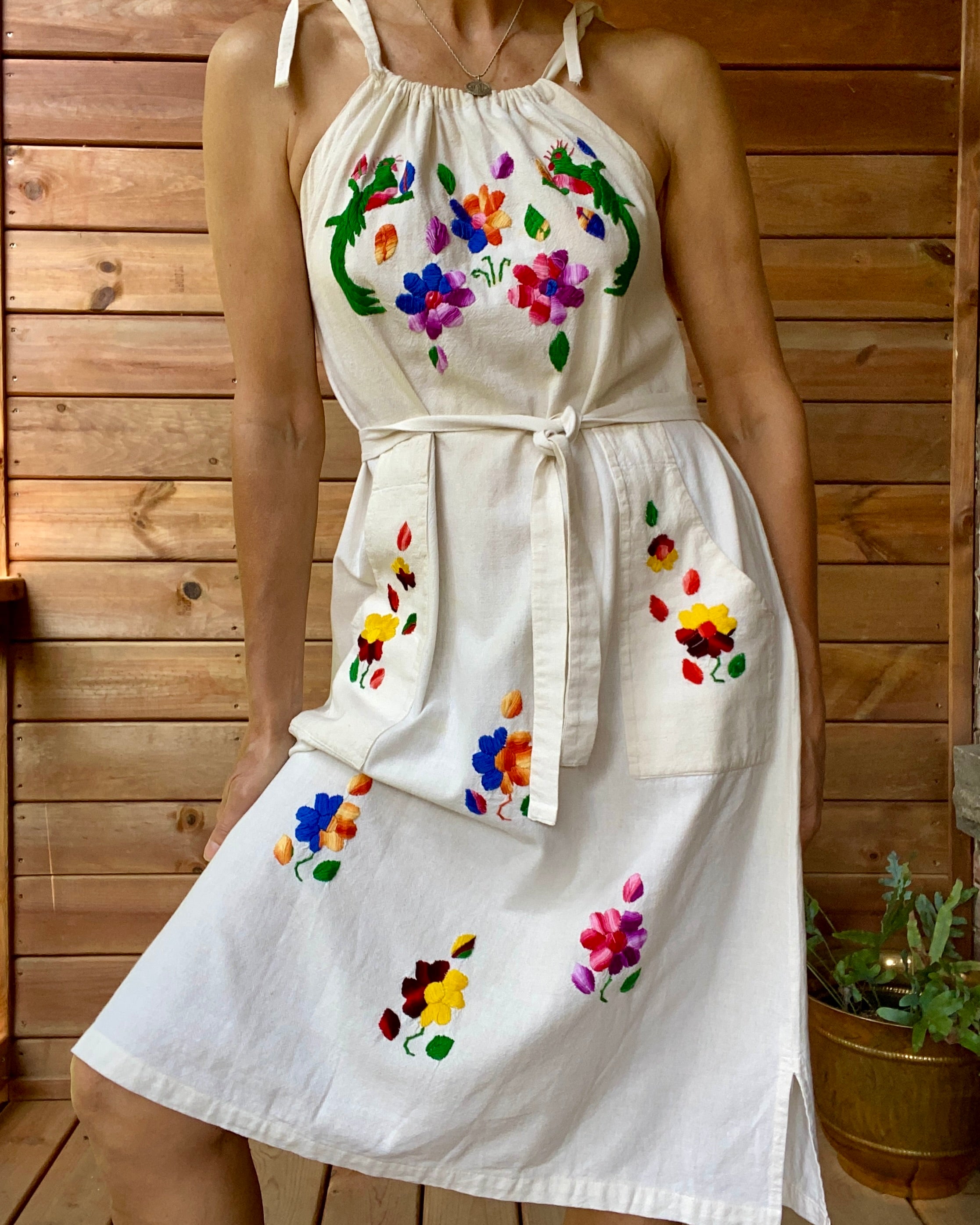 Vintage Mexican Embroidered Shoulder Strap Dress