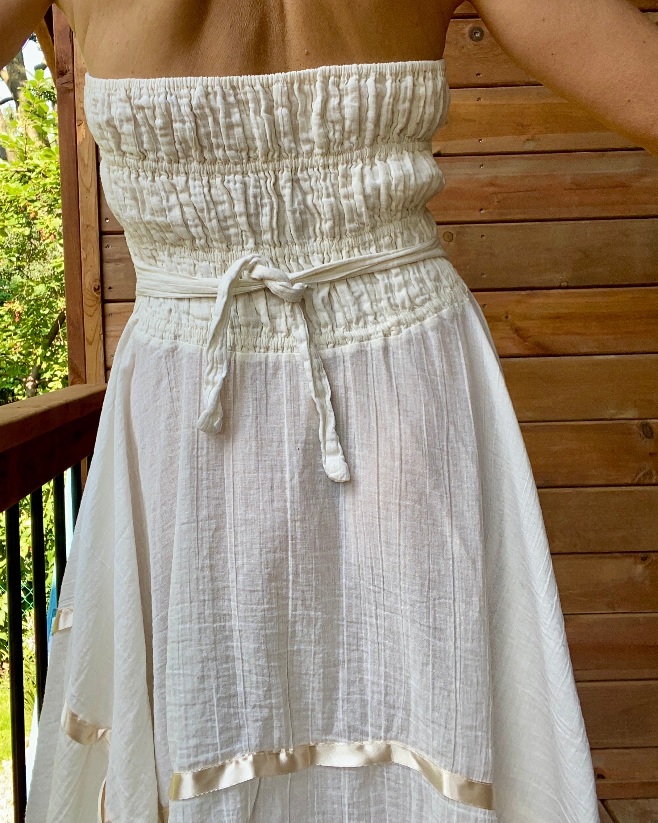 Vintage Mexican Cream Cotton Gauze With Crochet and Ribbon Handkerchief Halter Dress L
