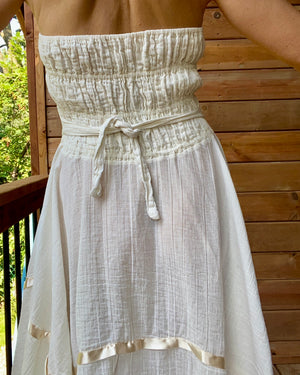 Vintage Mexican Cream Cotton Gauze With Crochet and Ribbon Handkerchief Halter Dress L
