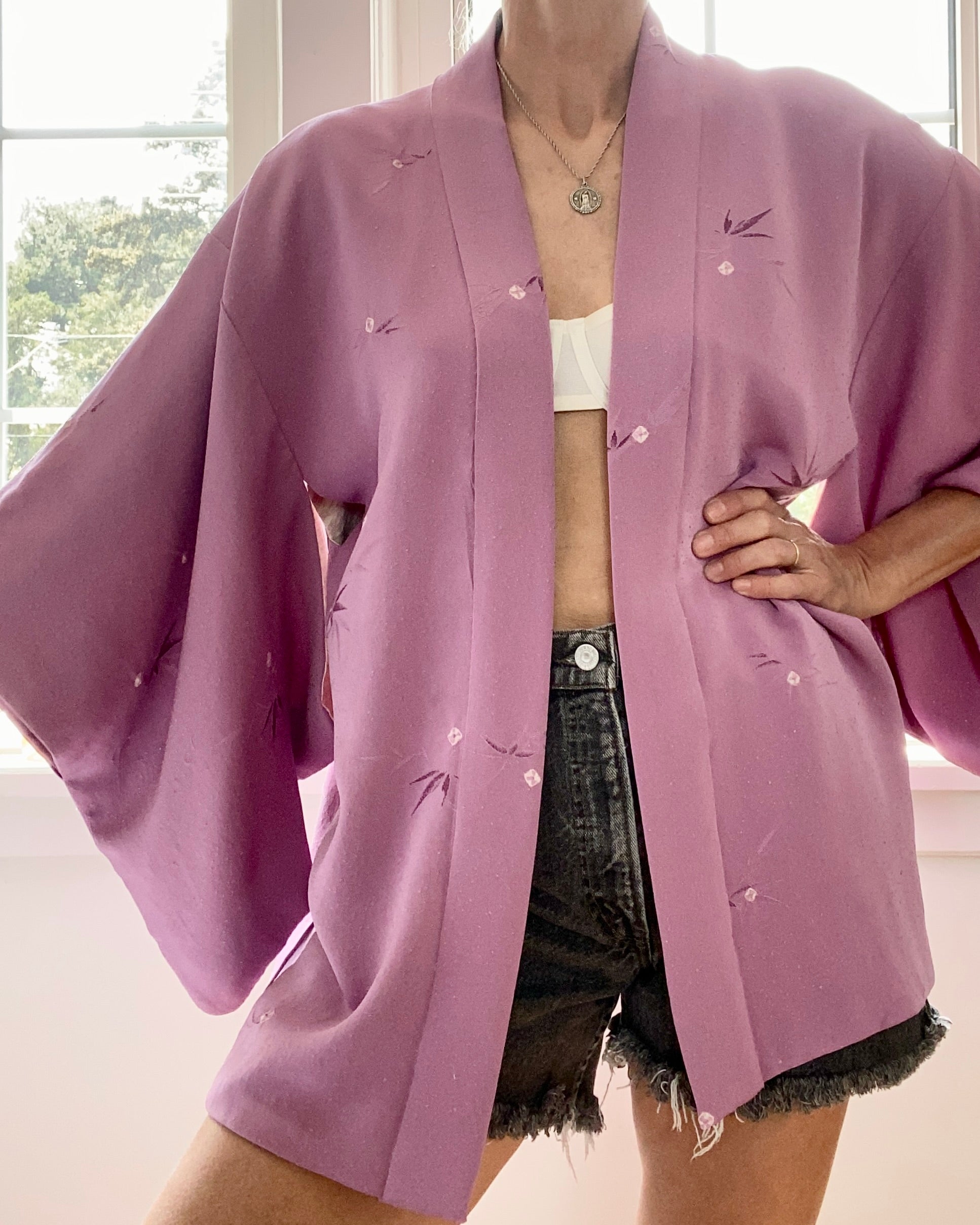 Vintage Silk Purple Damask Haori Kimono