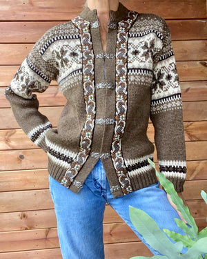 Vintage FJORD FASHION Ski Setesdal Fair Isle Norwegian Brown Sweater Cardigan M