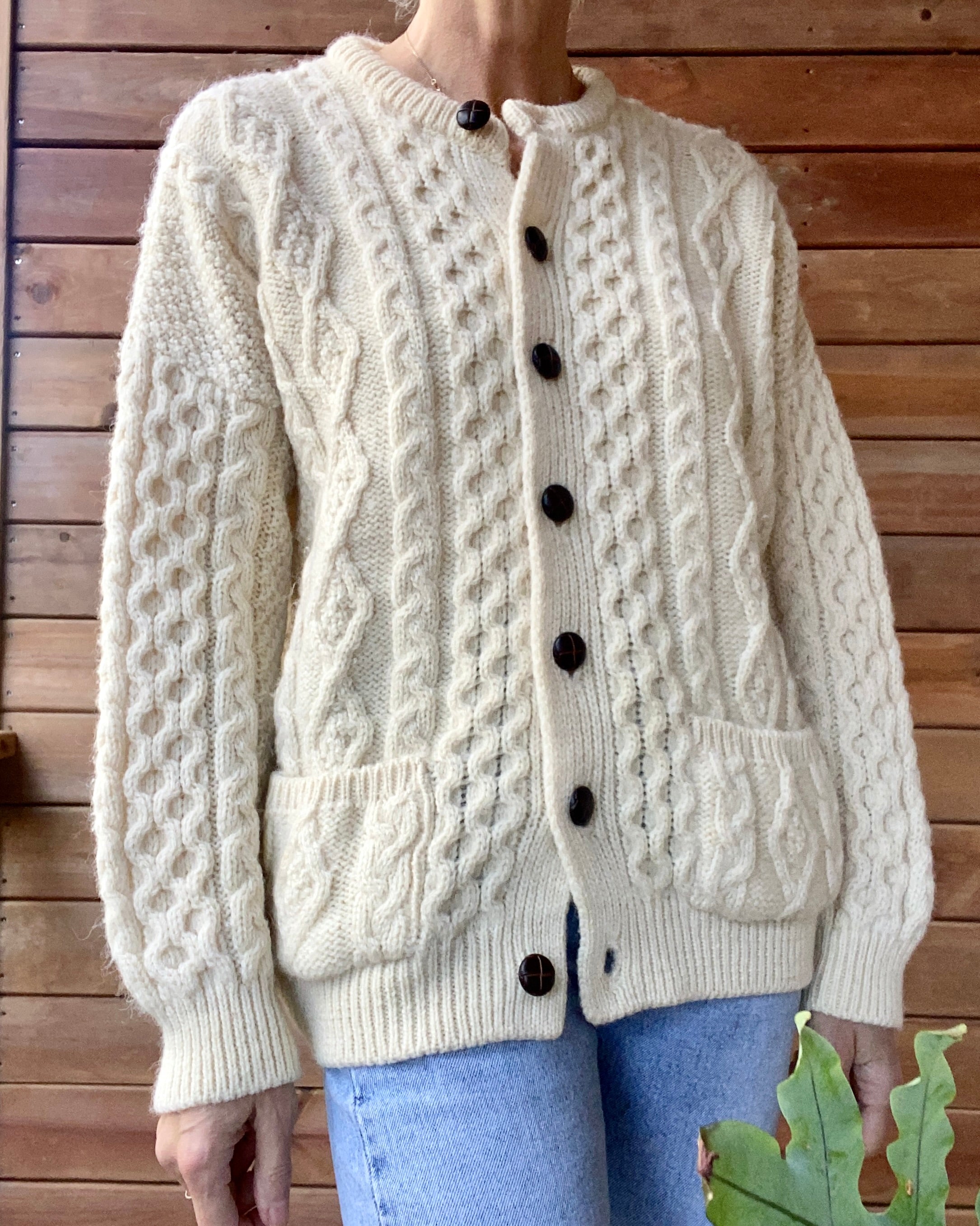 Vintage Handknit Cream Cable Fisherman Sweater Cardigan M